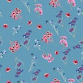 Beautiful rustic vector floral seamless pattern with pink flowers on blue