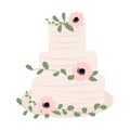 beautiful rustic wedding cake with leaves and flowers. vector illustration.