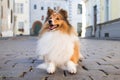 shetland sheepdog,lassie, little collie with historical buildings background