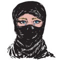The beautiful sad blonde, blue eyed Muslim girl crying , face hidden in a black headscarf