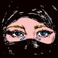 The beautiful sad blonde, blue eyed Muslim girl crying , face hidden in a black headscarf