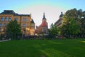 Beautiful Safarikovy Sady with ancient buildings in Pilsen Plzen. View in spring evening