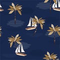 Beautiful sailboat ,palm tree on the modern wave sea ocean vector seamless pattern background s tropical mood vector,Design for Royalty Free Stock Photo