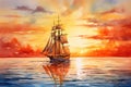 Beautiful sailboat on the sea at sunset, watercolor illustration generated by AI