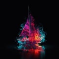 Beautiful Sailboat Shape In Red Purple Fire On Black Background. Generative AI