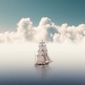 Beautiful sailboat with white sails floats among clouds across sky,