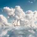 A beautiful sailboat with white sails floats among the clouds across the sky,