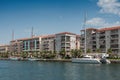 Beautiful sailboats and catamaran moored in the channel