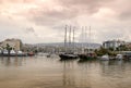 Beautiful sailing wooden and motor yachts at marina Zeas in Piraeus city. Greece. Royalty Free Stock Photo