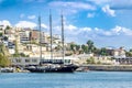 Beautiful sailing wooden yacht at marina Zeas in Piraeus city. Greece. Royalty Free Stock Photo