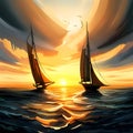 Beautiful sailship in the sea at sunset. Amazing digital illustration. CG Artwork Background