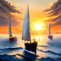 Beautiful sailship in the sea at sunset. Amazing digital illustration. CG Artwork Background