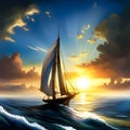 Beautiful sailship in the sea at sunset. Amazing digital illustration. CG Artwork Background