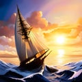 Beautiful sailship in the sea at sunset. Amazing digital illustration. CG Artwork Background