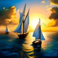 Beautiful sailship in the sea at sunset. Amazing digital illustration. CG Artwork Background