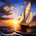 Beautiful sailship in the sea at sunset. Amazing digital illustration. CG Artwork Background