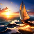 Beautiful sailship in the sea at sunset. Amazing digital illustration. CG Artwork Background