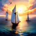 Beautiful sailship in the sea at sunset. Amazing digital illustration. CG Artwork Background