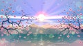 Beautiful sakura branches with pink flowers over blue sky, sunset and green water, island with mountains. Nice Japanese art