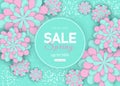 Beautiful sale Spring Background. Gerbera Flower Background and Spring is coming Lettering. Spring floral sale banner with paper