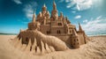 Beautiful sand castle featuring multiple spires on its highest point. AI-generated.