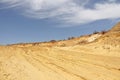 Beautiful sand desert with blue sky and white clouds. Dunes of the desert. Views of sand dunes Royalty Free Stock Photo