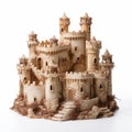 A beautiful sand fortress castle isolated on a white background. Realistic sand castle. The concept of summer holidays Royalty Free Stock Photo