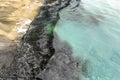 Beautiful sand sea blue water or lake beach polluted with black harmful toxic sewage chemicals. Nature contaminated with
