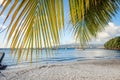 Beautiful sandy beach with palm trees and pier with boats and yachts at Anse a lÃ¢â¬â¢Ane beach with view of Fort-de-France, Royalty Free Stock Photo