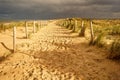 A beautiful sandy trail along the ocean. Sunshine and dark clouds in the sky. North Holland dune reserve, Egmond aan Zee, Royalty Free Stock Photo