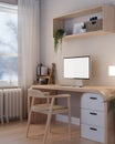 A beautiful Scandinavian home office workspace with an empty desktop PC computer on a wooden desk