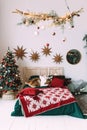 Beautiful Scandinavian-style bedroom in classic red-green colors Royalty Free Stock Photo