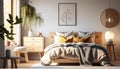 Beautiful Scandinavian style bedroom mockup with natural wood furniture, Generative AI