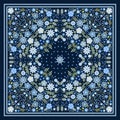 Beautiful scarf with blue flowers. Lovely tablecloth. Bandana print. Pillowcase. Print for fabric. Kerchief square design pattern