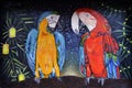 Acrylic painting Romantic date of two parrots by artist Anastasiia Popova