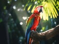 Beautiful Scarlet macaw bird on a branch in the jungle. Made with Generative AI