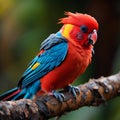 Beautiful Scarlet macaw bird on a branch in the rainforest. generative ai