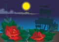 Beautiful scarlet roses against the background of the night sky and the big moon. Red rose in evening light