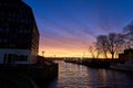 Beautiful scarlet sunset near the canal in Klaipeda, Lithuania