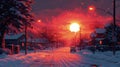 Beautiful scarlet sunset in a small cozy town in winter, pixel art