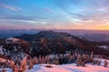 Beautiful scenary of Fagaras Mountains during sunrise, seen from Mount Cozia