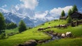 Beautiful scene in the Alps with cows and a mountain lodge in the spring