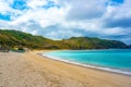 Beautiful scene on best beach with white sand, ocean bay Mawun in tropical island Lombok, tropic beach with no people Royalty Free Stock Photo