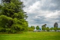 Beautiful scene of big lush trees in public park with cloudy sky for background