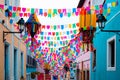 Beautiful scene of colorful decorative flags at the Sao Joao Festival