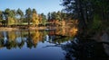 Beautiful scene of the colorful foliage of the trees in autumn fall season reflection in the black water river Royalty Free Stock Photo