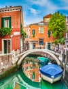 Beautiful scene with colorful houses and boats on a small channel in Venice, Italy