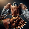 Beautiful scene of a falcon seated on falconer\'s gloved hand