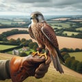 Beautiful scene of a falcon seated on falconer\'s gloved hand