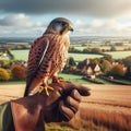 Beautiful scene of a falcon seated on falconer\'s gloved hand